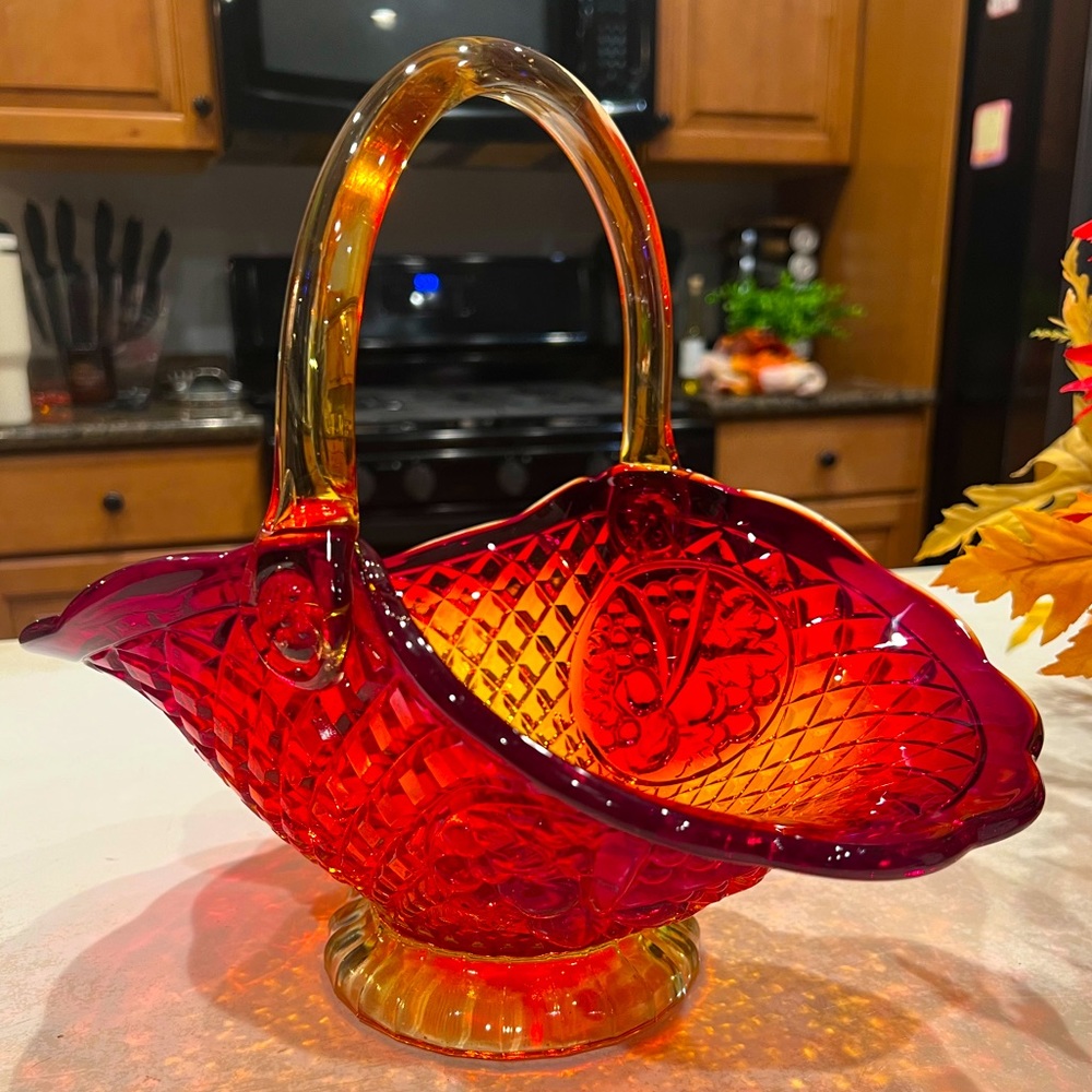 Vintage Fenton Red/Orange/Yellow Large Diamond Cut Scalloped Edge Fruit Basket